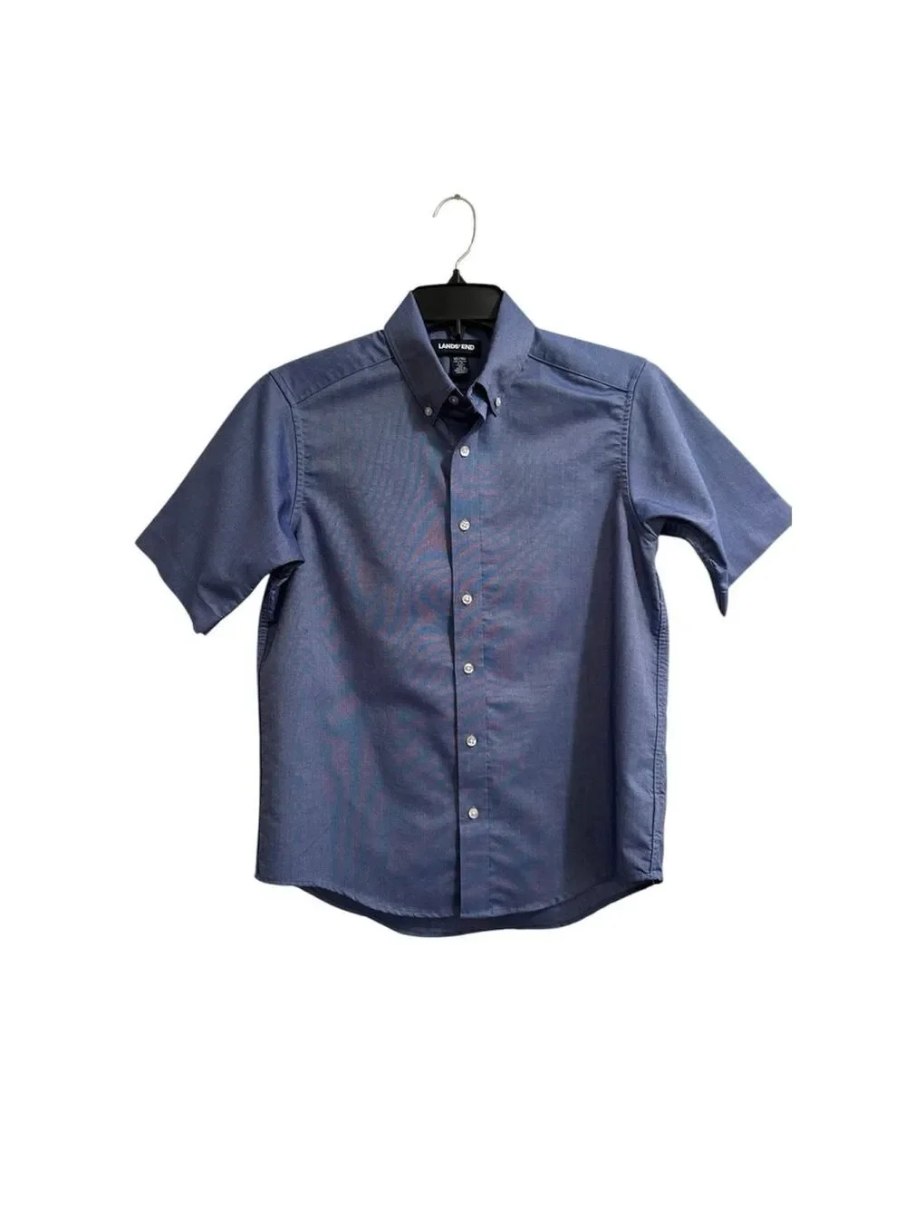 Lands End Button Down Shirt Boys 16 Blue Short Sleeves Button Collar
